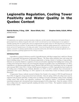 AT-19-C042 — Legionella Regulation, Cooling Tower Positivity and Water Quality in the Quebec Context