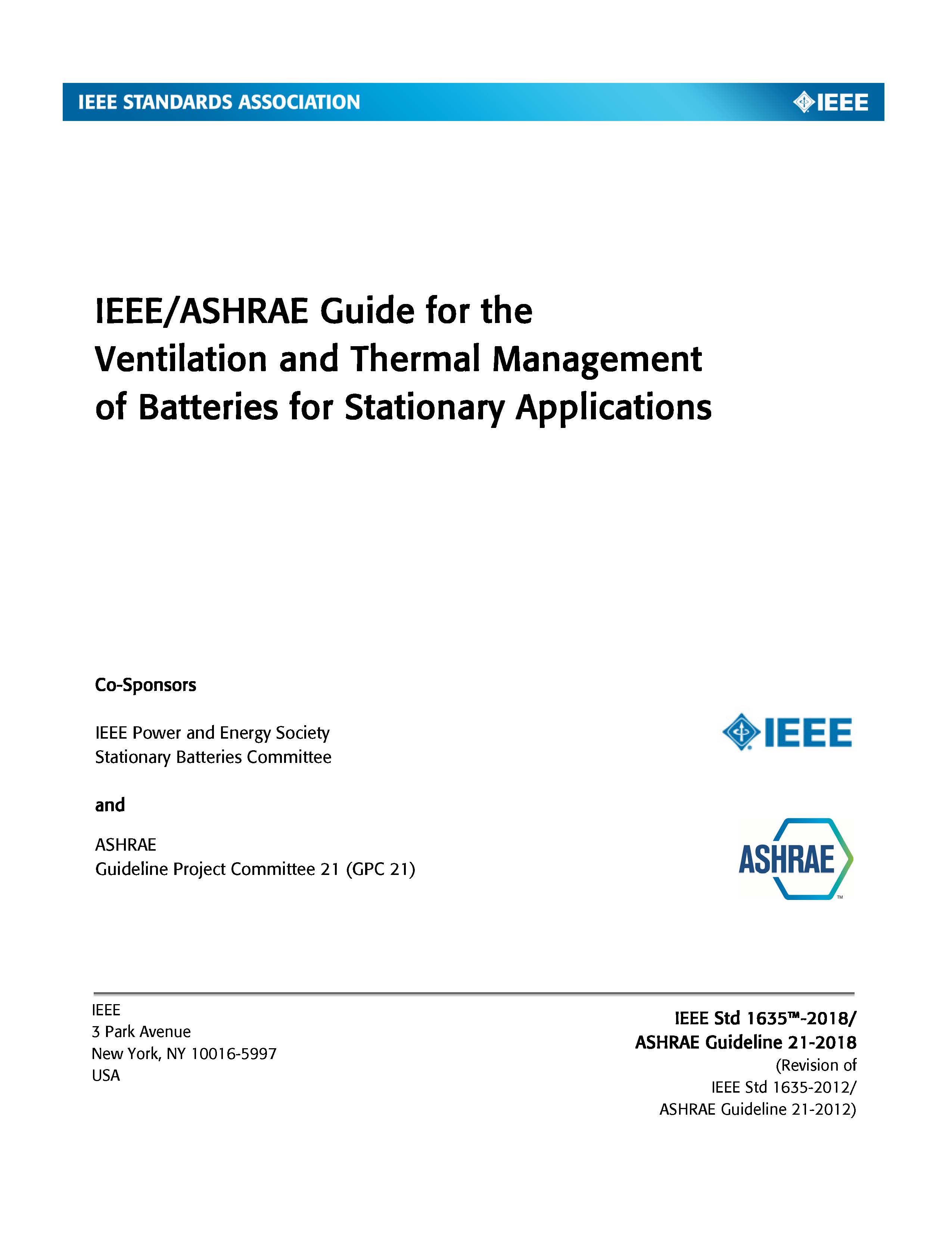 Guideline 21-2018 — Guide for the Ventilation and Thermal Management of Batteries for Stationary Applications (IEEE Standard 1635-2018)