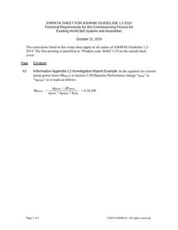 Errata to Guideline 1.2-2019 — Technical Requirements for the Commissioning Process for Existing HVAC&R Systems and Assemblies