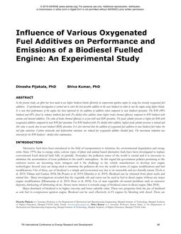 Influence of Various Oxygenated Fuel Additives on Performance and Emissions of a Biodiesel Fuelled Engine: An Experimental Study