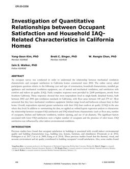 OR-20-C058 — Investigation of Quantitative Relationships between Occupant Satisfaction and Household IAQ-Related Characteristics in California Homes