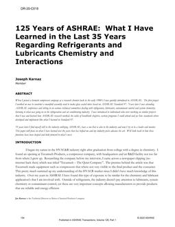 OR-20-C018 —  125 Years of ASHRAE:  What I Have Learned in the Last 35 Years Regarding Refrigerants and Lubricants Chemistry and Interactions