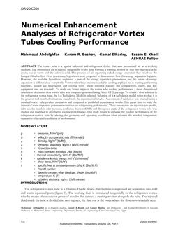 OR-20-C020 — Numerical Enhancement Analyses of Refrigerator Vortex Tubes Cooling Performance